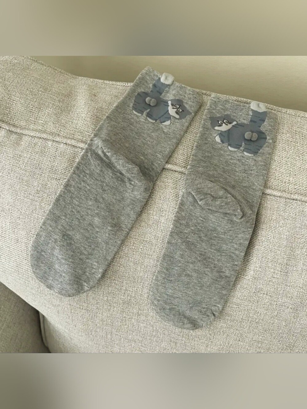 Three Pairs Cute Cat Crew Socks - Gray, Cream, Black - Picture 3 of 5